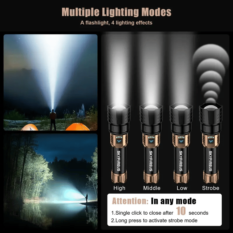 SKYFIRE 1097 lommelykt – sterk lysstråle, ultrasterk, perfekt for utendørs camping, hjem, lang rekkevidde, bærbar og med ekstra lang batteritid.