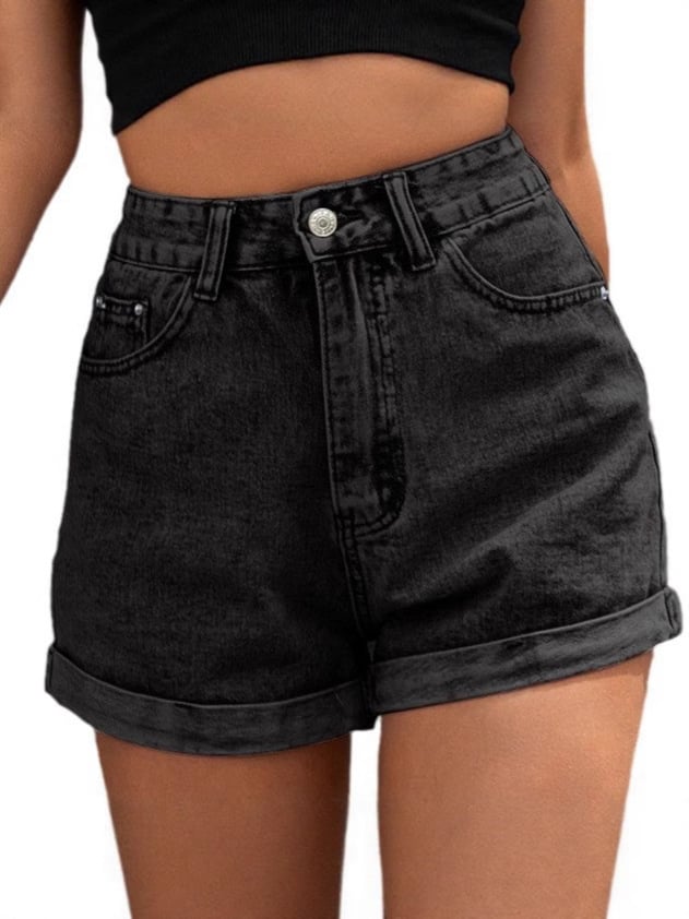 Mellomhøy elastisk denimshorts | Flere lommer, avslappet og komfortabel
