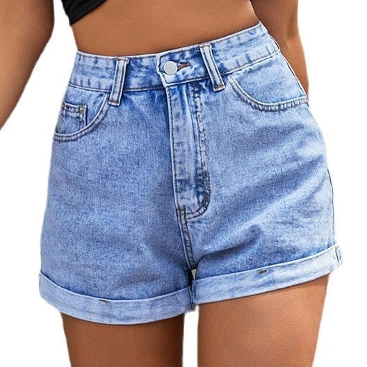 Mellomhøy elastisk denimshorts | Flere lommer, avslappet og komfortabel