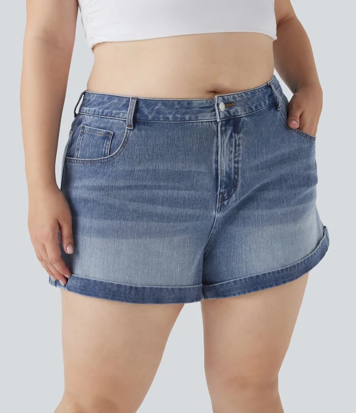 Mellomhøy elastisk denimshorts | Flere lommer, avslappet og komfortabel
