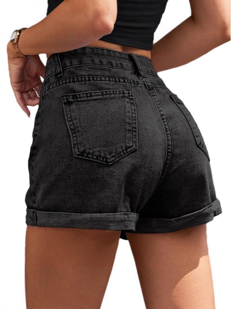 Mellomhøy elastisk denimshorts | Flere lommer, avslappet og komfortabel