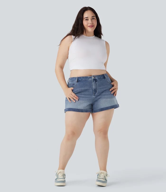 Mellomhøy elastisk denimshorts | Flere lommer, avslappet og komfortabel